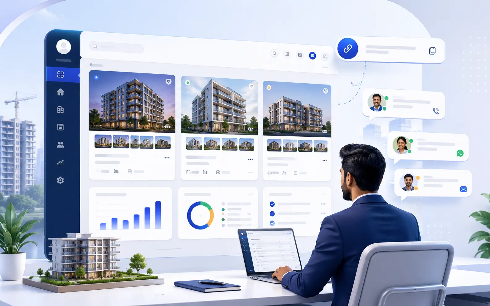 Illustration of a real estate agent managing property cards, analytics, share links, and client messages in HousingMoon.